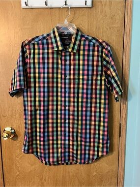 Leo Chevalier Multicolor Plaid Button-Down Shirt Short Sleeve Size Large EUC